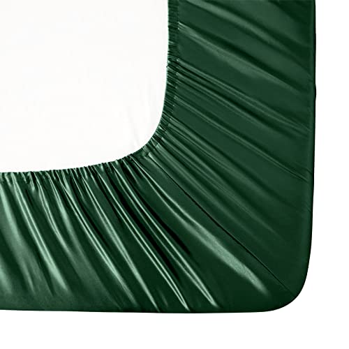 Image of Ersmak Satin Fitted Sheet Only, Luxury Silky Queen Fitted Sheet Ultra Soft Deep Pocket Bottom Sheet, Wrinkle & Fade Resistant - Emerald Green