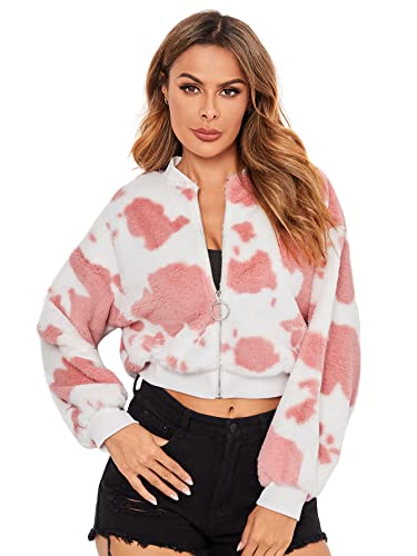 Romwe Women's Casual Zip Up Cow Print Fuzzy Bomber Jacket Tops Pink L #TOP3