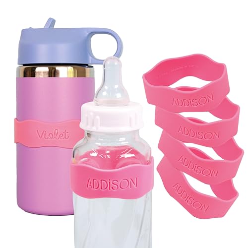 InchBug Orbit Labels Baby Bottle and Water Bottle Silicone Name Bands Personalized Reusable Label Set for Daycare Sippy Cups Preschool Elementary School Dishwasher Safe 4-Pack (Bubblegum Pink)