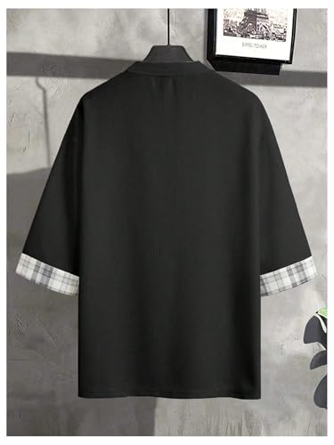 Image of OYOANGLE Men's Textured 3 /4 Sleeve Drop Shoulder T Shirt Loose Fit Plaid Cuff Tee Tops