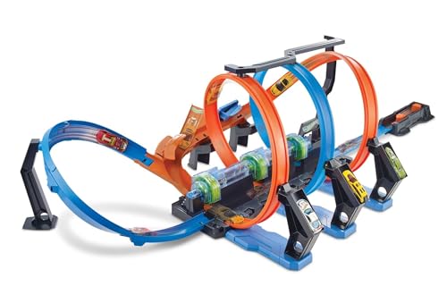 Hot Wheels Triple Looping, 3 zonas de choque y 3 propulsores, pista de coches de juguete forma de tirabuzón, FTB65
