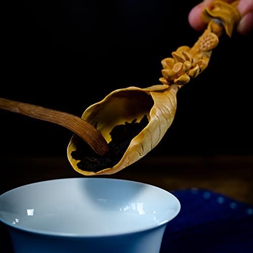 TL082 - 14.2 cm Long Carved Boxwood Carving Lotus Tea Scoop Spoon