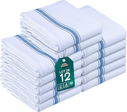 Utopia Towels - 200 GSM Torchons de Cuisine 38 x 64 cm 100% Coton, Super Absorbant, Ensemble de torchons Doux et réutilisables (Lot de 12, Bleu et Blanc)