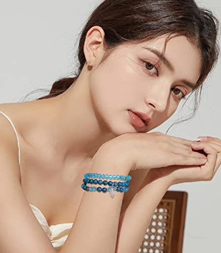 Noessla Stackable Crystal Beaded Bracelets For Women Boho Multi Layer Stretch Bracelets Natural Stone Bead Bracelet With Leaf Charm Jewelry For Women(Lake Blue) #TOP3