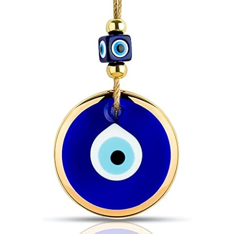 BCS Blue Evil Eye Wall Decor Gold Border Design 4.3" Glass Evil Eye Hanging Ornament for Home, Office, Garden, Door Turkish Greek Handmade Nazar Amulet Good Luck and Protection Charm - Ojo Turco Cover