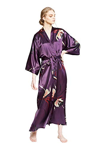 OLDSHANGHAI Women's Satin Kimono Robe Long - Floral - Hana - Deep Purple, Satin Kimono Robes for Women with Floral Designs, 52 inches in Length, One Size Fits Most. - Thumbnail 2