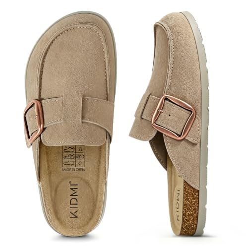 KIDMI Genuine Suede Clogs for Women Men Leather Mules Memory Foam Taupe