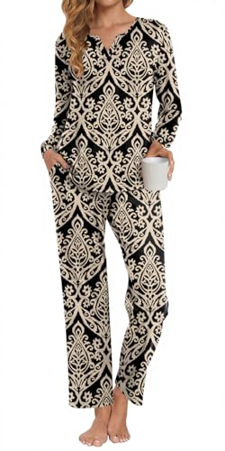 Anyally Women's Plus Size Pajama Sets Ladies Fall Pjs 2 Pieces Lounge Outfits V Neck Long Sleeves Sleepwear with Pockets