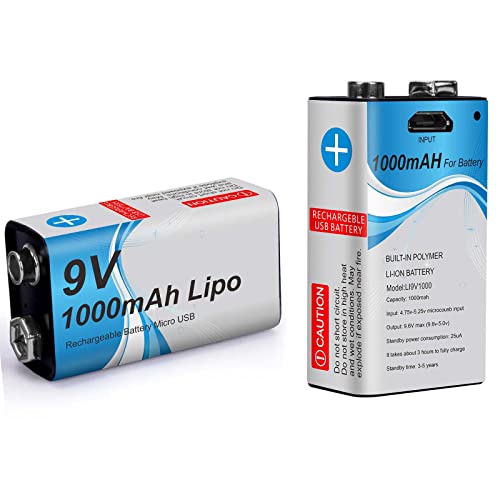 XWQFXL 9V Batteries USB Rechargeable Lithium Battery 2Pack 1000mAhCapacity Ultra Long Lasting with a 5 - Year Shelf Life Recommended forSecurity Devices,Medical Devices,Utility Metering Wait