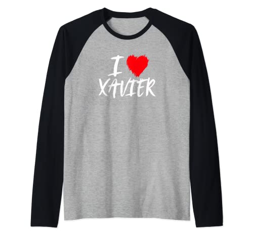 I Love Xavier Corazón Rojo Grunge Hijo Papá Marido Nieto Camiseta Manga Raglan