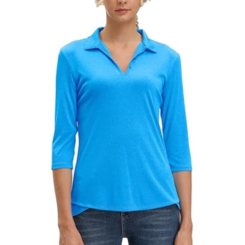 MOHEEN Women's Moisture Wicking Golf Polo Shirt 3/4 Sleeve Dry Fit(Blue,S) Cover