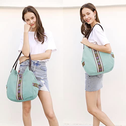 Image of Worldlyda Women Canvas Hobo Purse Multi Pocket Tote Shopper Shoulder Bag Casual Top Handle handbag with Embroidery Ethnic