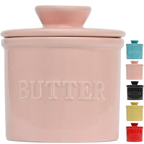 PriorityChef French Butter Crock with Lid, Keep Butter Spreadable & Fresh, Butter Keeper to Leave On Counter, French Butter Dish Perfect for Bread and Toast, Ideal Kitchen Gift, Pink