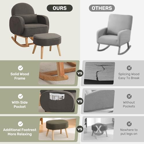 Image of HCHAIRH Rocking Chair with Ottoman, Teddy Glider Rocker with High Backrest and Side Pocket, Rocking Accent Armchair with Solid Wood Legs for Nursery /Living Room /Bedroom Green