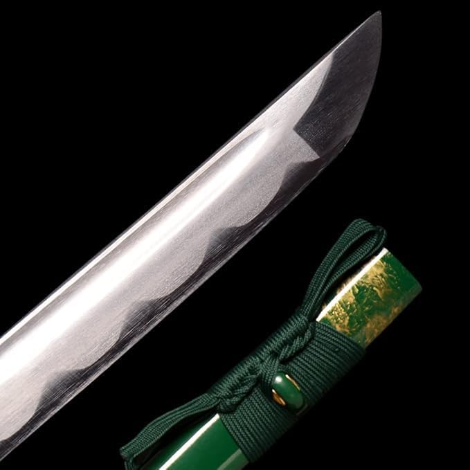 Miniatura 5 de Espada katana japonesa hecha a mano con vaina verde y detalles dorados, hoja de acero al carbono de espiga completa, espada samurái tradicional para