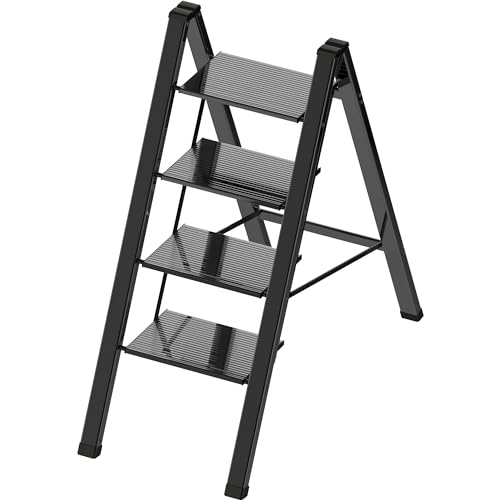 Lightweight Folding Step Ladder Household, Aluminum 4 Step Ladder Foldable for Home, Sturdy Step Stool for Adults 330 Lbs - Black