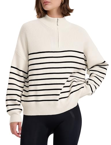 PrettyGuide Women's Long Sleeve Quarter Zip Oversized Pullover Striped Sweater Casual Mock Neck Loose Ribbed Knit Tops2