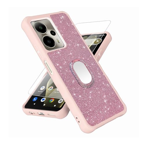 for Cricket Outlast 5G 2024 Case [with Tempered Glass Screen Protector][Mirror Ring][Glitter Powder] Compatible with AT&T Motivate Pro 5G Leather Phone Case Cover