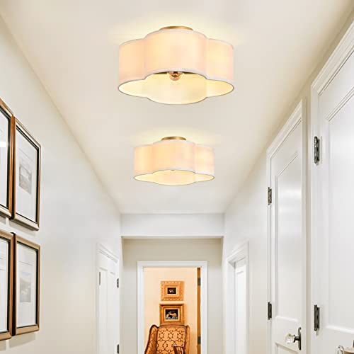Oflnll Gold 4-Light Semi Flush Mount Ceiling Light, White Fabric Close To Ceiling Light Fixtures, Clover Drum Ceiling Lamp For Bedroom, Hallway, Kitchen, Corridor, Lanudry Room, Nursery #TOP2