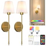 LED Wandleuchte Innen Akku 2 Stück - Stoffschirm Wandlampe Innen Goldfarben