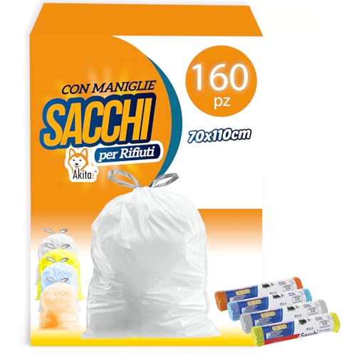 Akitaink - 160 Sacchi Spazzatura da 70 x 110 cm - 110 litri, Ideali per Raccolta Differenziata, Manici Incorporati, Colorati - 16 Confezioni da 10 Sacchi