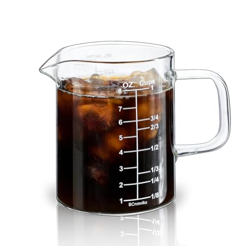 BCnmviku Glass Measuring Cup with Handle, 8OZ/250ML/1 CUP High Borosilicate Heat Resistant Glass Measuring Cup with Clear Markings (oz, Cup, ml) & Pour Spout, Microwave Safe