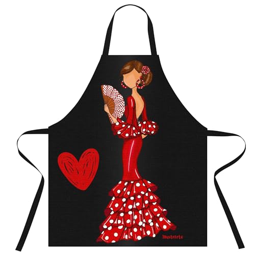 IllustrArte Tabliers de cuisine lavables et confortables avec motif de danseuse flamenca en robe rouge avec éventail.