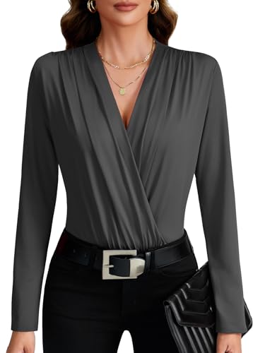 LYANER Women's Wraped V Neck Ruched Long Sleeve Leotard Bodysuit Top
