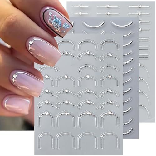 JFIYUOMCI 5D Embossed French Tip Nail Stickers with Rhinestones Crystal, French Manicure Strips - (Straight, Smile Line), Self-Adhesive Silver Nail Art Stickers Decals for Women Girls - 3 Sheets