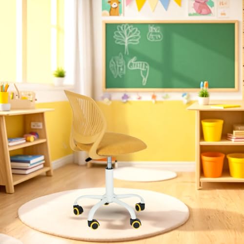 FurnitureR Kompakter Klassenstuhl, ergonomischer Sitz für Schule, Rückenlehne aus atmungsaktivem Netzgewebe, höhenverstellbar, Zeichenzimmerstuhl für Kinder, leicht zu bewegen, 360 °, Gelb