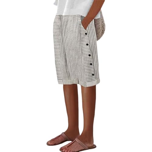 Women's Striped Print Black White Capris Pants 2025 Summer Elastic Waist Side Buttons Cropped Trousers with Pockets