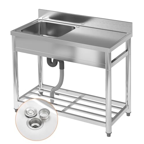 Home Nature Küchenspüle, Freistehende Spültisch 1 Becken, Edelstahl Waschbecken, Edelstahlspüle, Gewerbliche Spülbecken mit Wasserhahn, Mobile Spüle, für Outdoor, Restaurant (Links Küchenspüle)