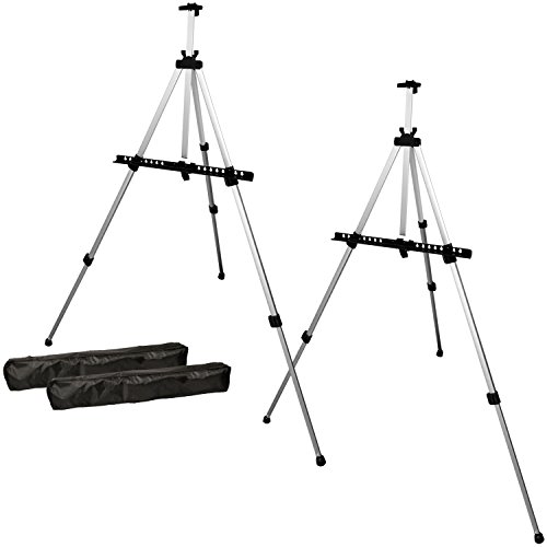 U.S. Art Supply 66 Silver Metal Tripod Easel Display, 2-Pack | Adjustable from 18to 5.5', Holds 36 Canvas - Floor/Tabletop Easel Stand, For Sign Display, Painting, Poster Board, Canvas
