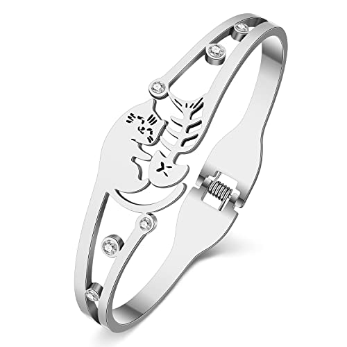 NEWEI Cute Katze Armband Katzen Manschette Armreif 18K Gold Edelstahl Cat Armbänder für Damen Mädchen Schmuck Geschenke Charms (Katze A Silber)