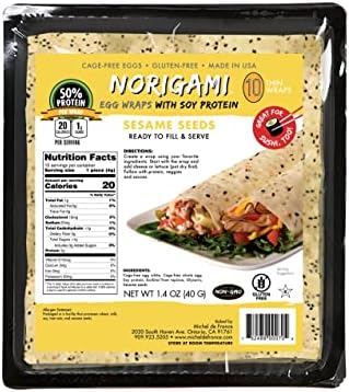 Norigami Egg Wraps with Soy Protein – Sesame Seeds. High Protein, Low Carb, Vegetarian. Thin Healthy Wraps -Certified Kosher, Non-GMO, Gluten Free - NOW Featuring 10 Wraps in a bag.