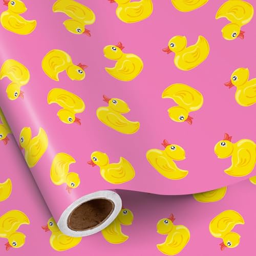 RUSPEPA Duck Wrapping Paper Roll for Kids Mini Roll Yellow Rubber Duck Pattern on Pink Background Adorable Gift Wrap Paper for Baby Shower Birthday Summer-Theme Party 17 Inches x 16.4 Feet