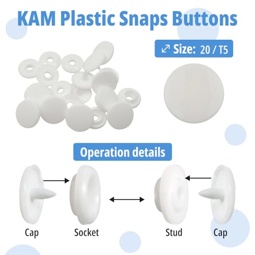 100 Sets KAM Plastic Snaps Buttons - Size 20 T5 Glossy Round Resin Fasteners Punch Poppers for Cloth Diaper - Bibs | Towels| Nappies | Clothing | DIY Crafts| White by Metalandbrassco - Image 2