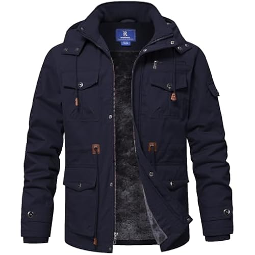 SPOSULEI Winter Jackets for Men Cotton Work Fleece Lined Army Jacket Winter Military Coat with Multi-Pockets Black M
