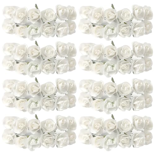 HugeDE 144 Pcs Mini White Paper Roses, Craft Wedding Decorations, Diameter 1.5cm-2cm, Straight Stem, Minimalist Style, Artificial Paper Flowers