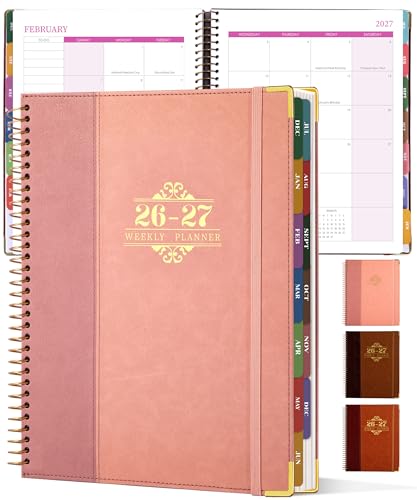 Planner 2026-2027, Leather Two-Tone Planner, 18 Month Weekly and Monthly Planner Calendar with Tabs, Jul 2026–Dec 2027, Large 8.5" x 11" A4 Hardcover Spiral Agenda Planner for Home, School and Work （Pink）