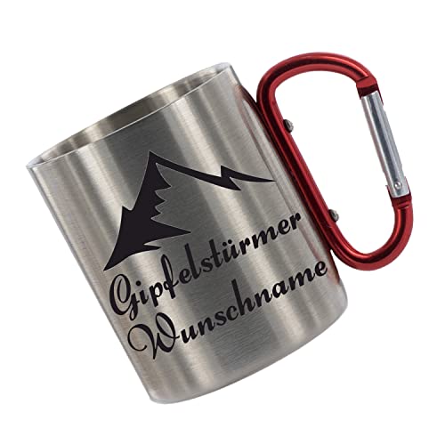 CreaLuxe Edelstahltasse mit Karabiner - Gipfelstürmer (Wunsch Name) - Tasse personalisiert - Kaffeetasse - Bürotasse - Personalisierte Geschenke - Personalisierte Tasse mit Namen Cover