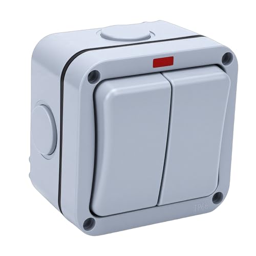 Marhynchus Outdoor Light Switch, 20A Weatherproof IP66 Waterproof 2 Gang Dual Control Exterior Electrical Switch with Indicator Light