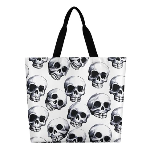 Black Skull Pattern on White Background Large Grocery Tote Bag Women Fashion Handbag Duty Reusable Shoulder Bag for Travel Vacation Shopping Beach Bags3