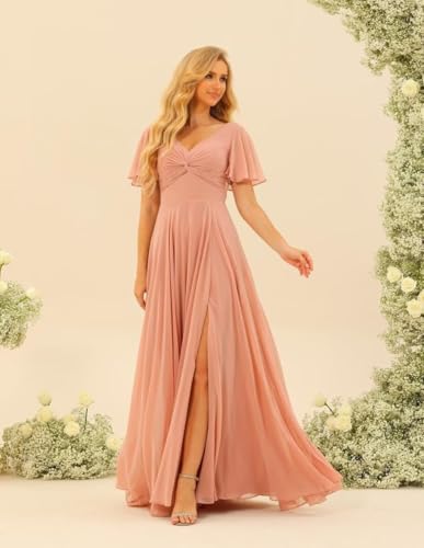 Miao Duo Flutter Sleeves Split Bridesmaid Dresses with Slit Long V Neck Empire Waist Formal Dress for Women Wedding YZTS1133