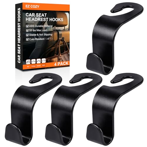 EZ COZY Purse Hook for Car 4 Pack, Deep Anti-Drop Car Seat Hooks for Headrest, Thick ABS Plastic Holds 55 Lbs, Heavy Duty Car Purse Holder & Car Accessories Interior for Handbags, Car Organizer Black