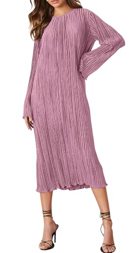 R.Vivimos Satin Elegant Midi Dresses for Women Long Sleeve Pleated Loose Silky Cocktail Wedding Guest Evening Party Dresses (Large, Mauve)