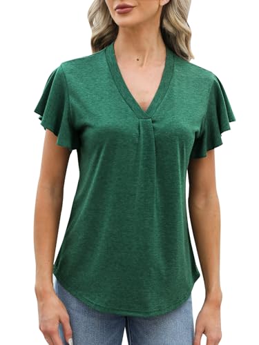 Adigaber Camiseta de Mujer con Cuello en V T-Shirt de Verano Holgada Pétalos de Flores Manga Corta Túnica