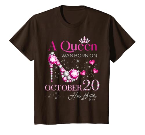 A Queen was Born on October 20, 20th October Birthday T-Shirt, Youth, Brown, Large