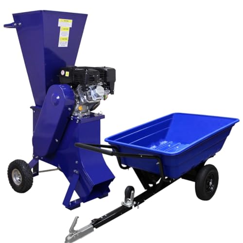 Déchiqueteuse de Bois 420cc et RemorqueTT 0.28m³- Brouette: capacité 295kg Roues pneumatiques 40 cm x 20 cm - Broyeur: Moteur 4 Temps Coupe 120mm 2400-3600...