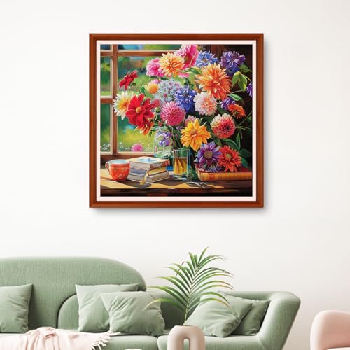 Image of Hopeart Stamped Cross Stitch Kits for Beginner Embroidery Kits for Beginners Adults DIY 11CT Cross Stitch Patterns Needlepoint Kits Crossstitching Kits-Colorful Flowers on the windowsill 18x18 inchs